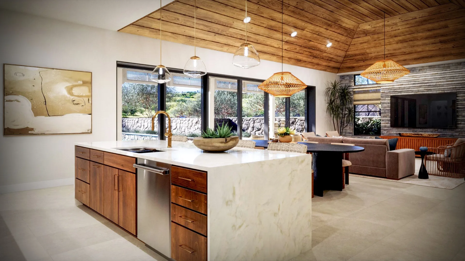 Open kitchen and living area with a wood-paneled ceiling and a marble island.